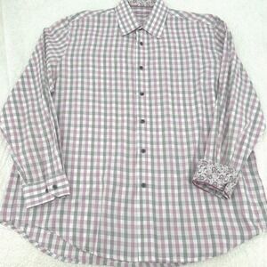Tasso Elba Mens Button Down Shirt XL Purple White Plaid Paisley Trim Preppy